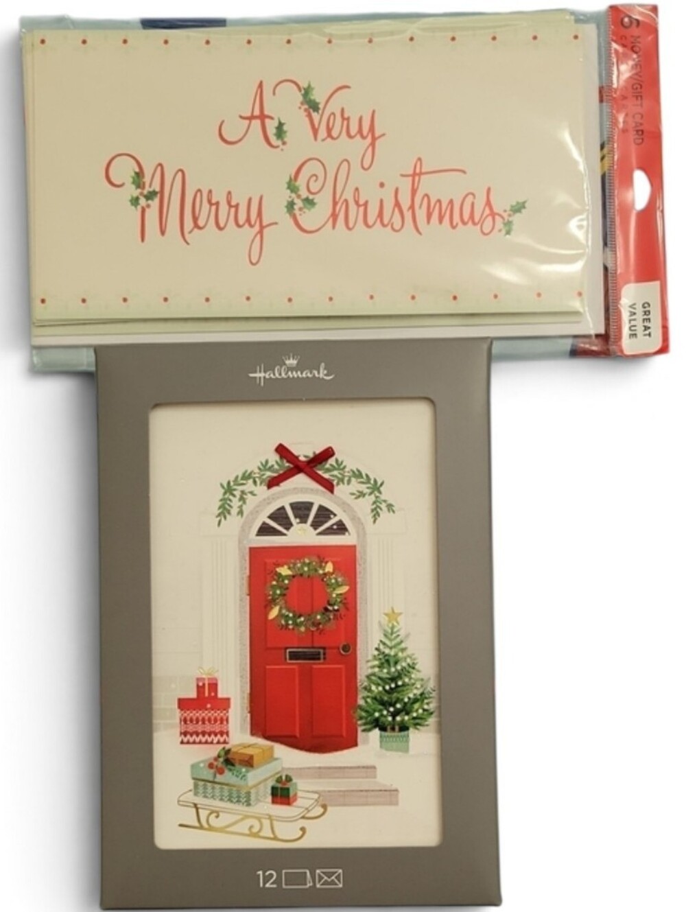 Hallmark Red Door Christmas Card Set Of 2 with Green Wreath